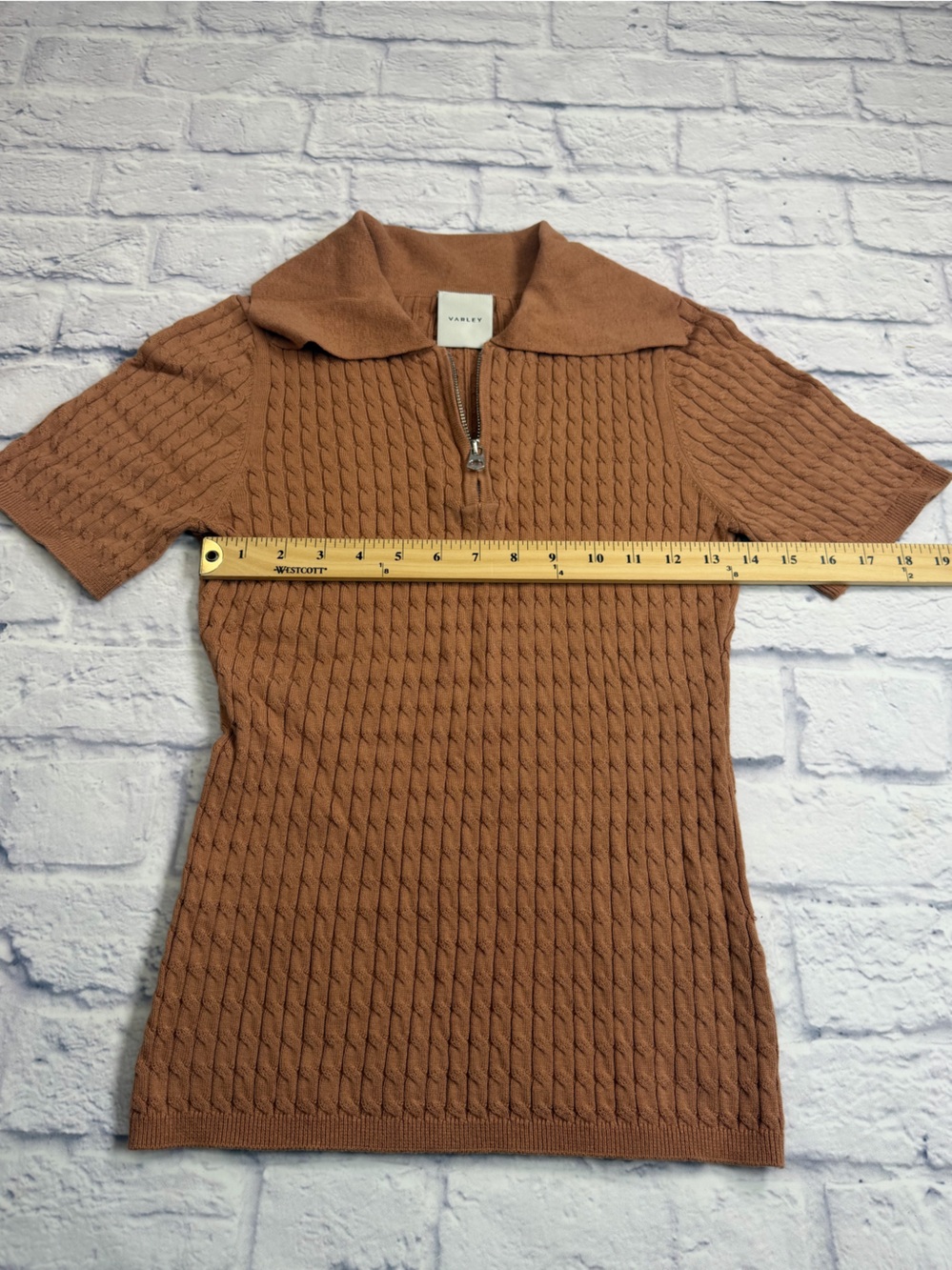 Varley Camel Color Cable-Knit Quarter Zip Short Sleeve Sweater. Size Small. - Picture 5 of 8